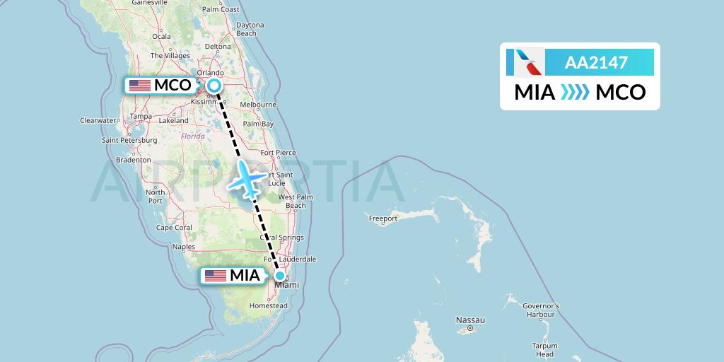 AA2147 American Airlines Flight Map: Miami to Orlando