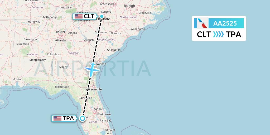 AA2525 American Airlines Flight Map: Charlotte to Tampa