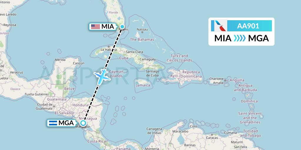 AA901 American Airlines Flight Map: Miami to Managua