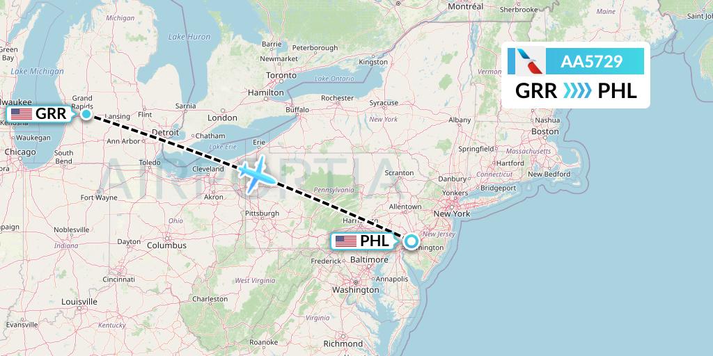 AA5729 American Airlines Flight Map: Grand Rapids to Philadelphia