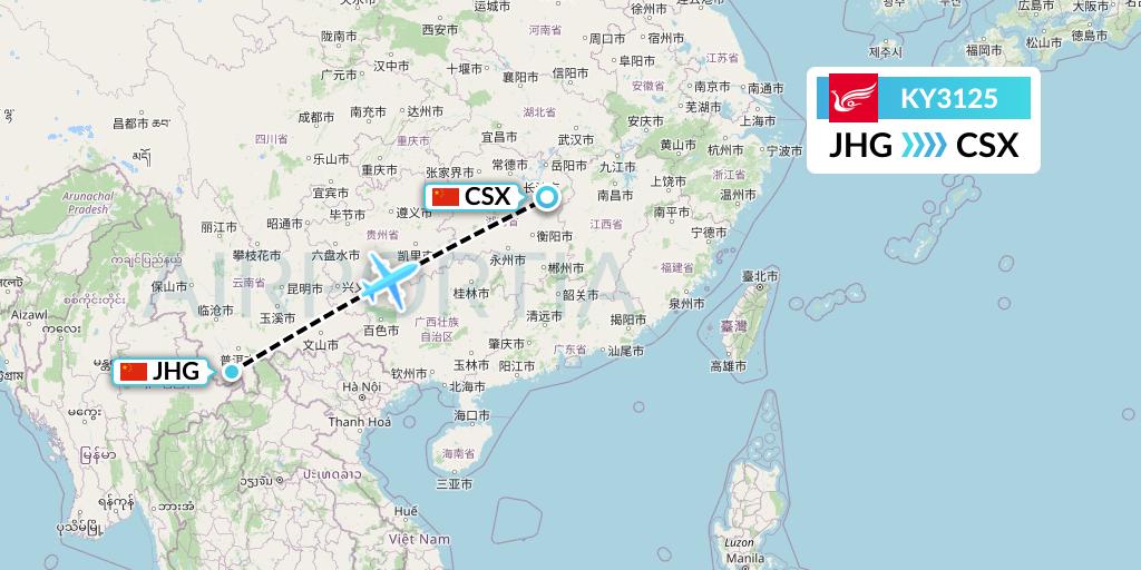 KY3125 Kunming Airlines Flight Map: Jinghong to Changsha