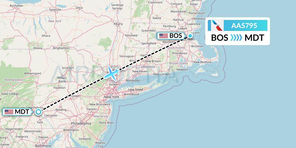 AA5795 American Airlines Flight Map: Boston to Harrisburg