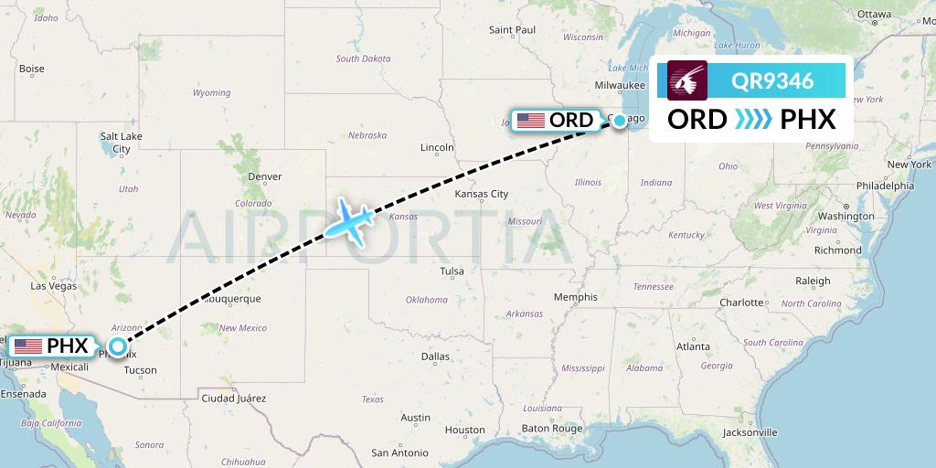 QR9346 Qatar Airways Flight Map: Chicago to Phoenix