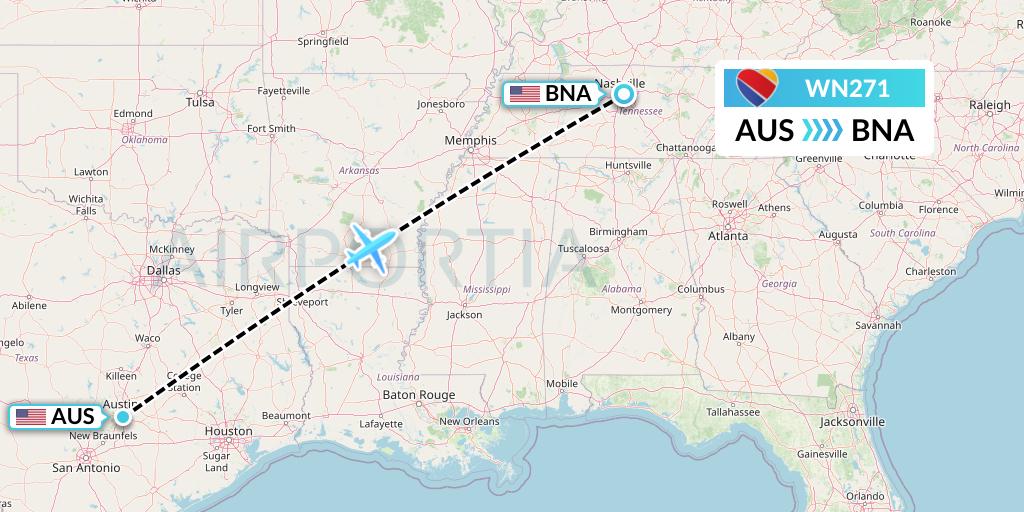 WN271 Southwest Airlines Flight Map: Austin to Nashville