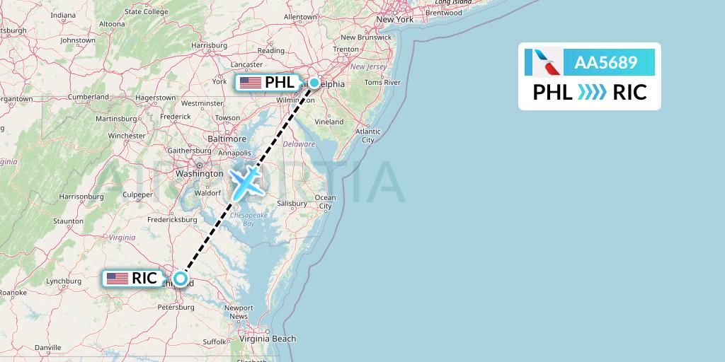 AA5689 American Airlines Flight Map: Philadelphia to Richmond