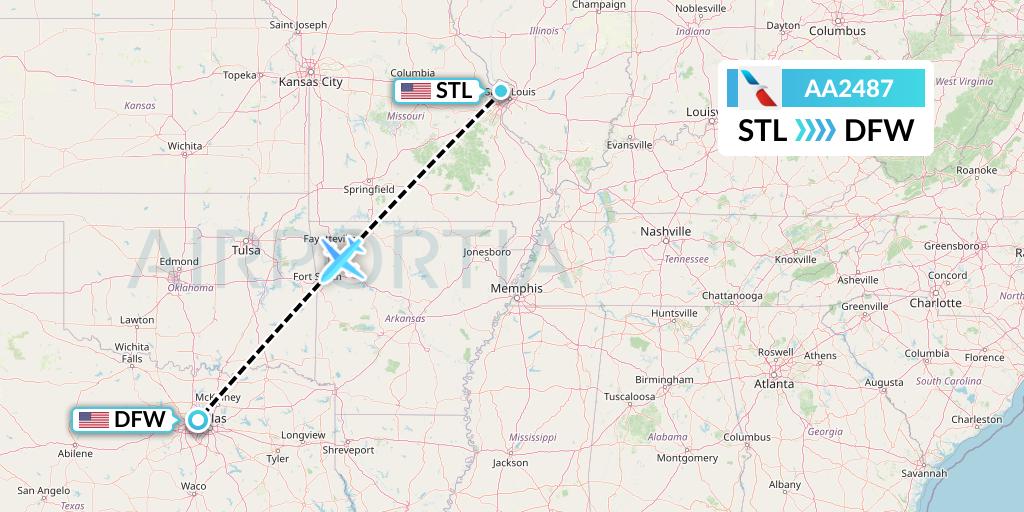 AA2487 American Airlines Flight Map: St. Louis to Dallas