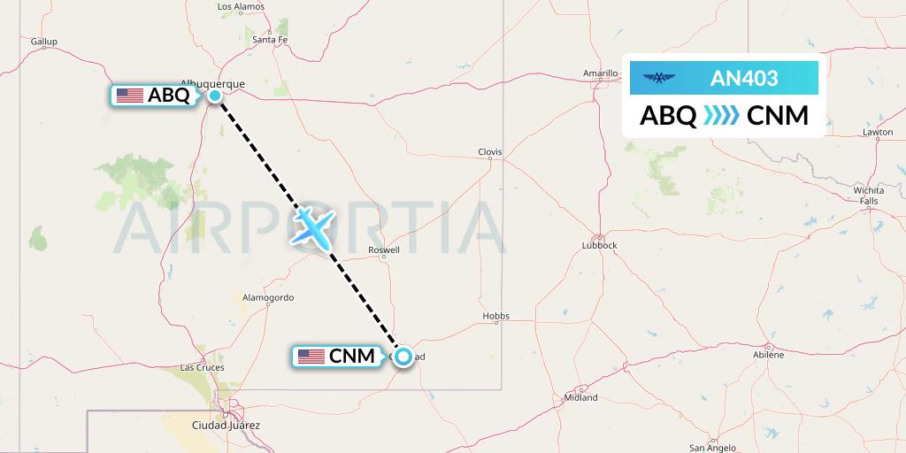 AN403 Advanced Air Flight Map: Albuquerque to Carlsbad