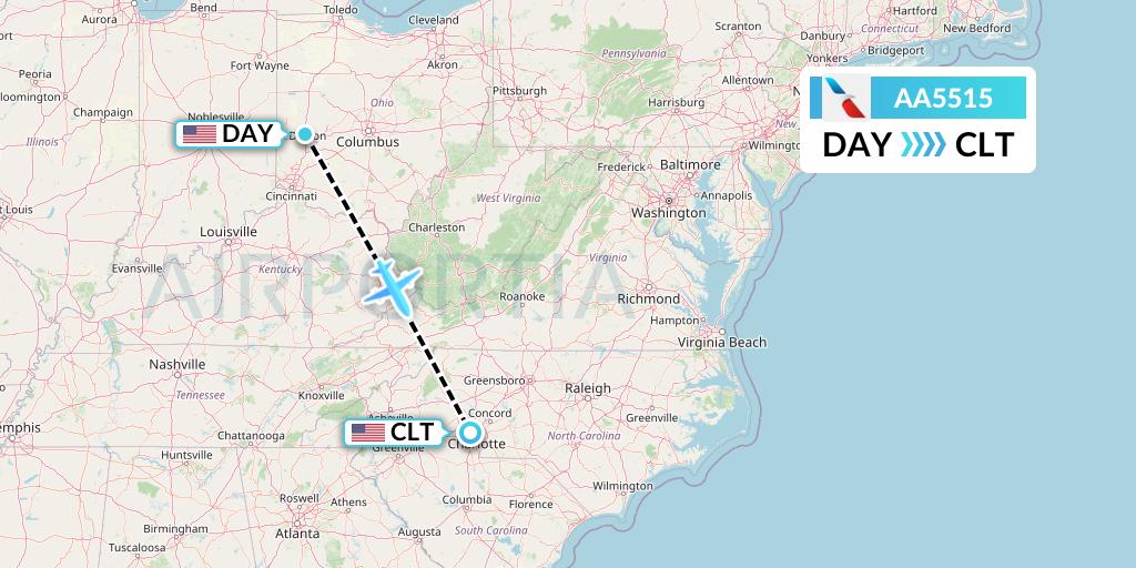 AA5515 American Airlines Flight Map: Dayton to Charlotte