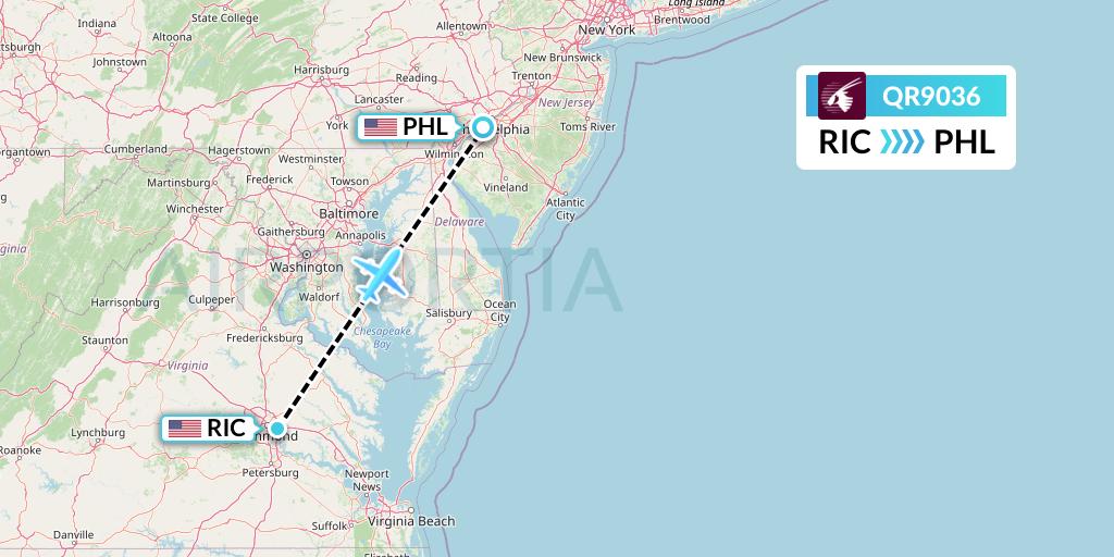 QR9036 Qatar Airways Flight Map: Richmond to Philadelphia