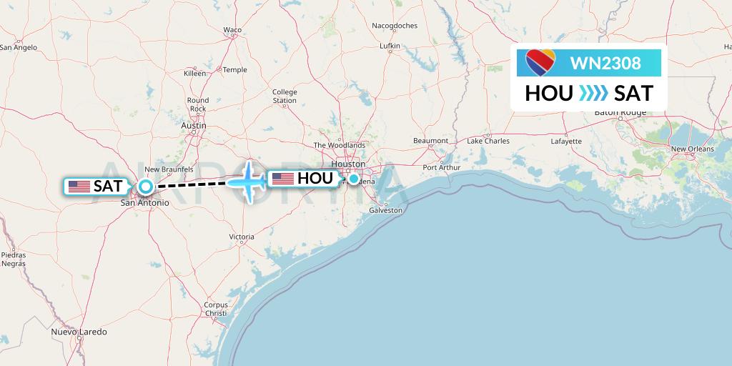 WN2308 Southwest Airlines Flight Map: Houston to San Antonio