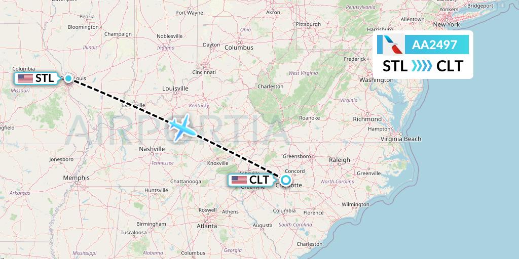 AA2497 American Airlines Flight Map: St. Louis to Charlotte