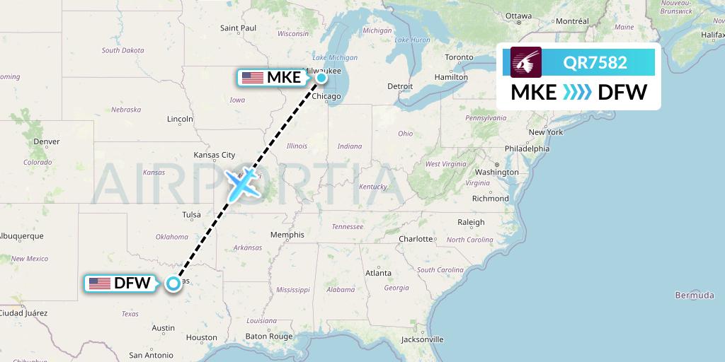 QR7582 Qatar Airways Flight Map: Milwaukee to Dallas