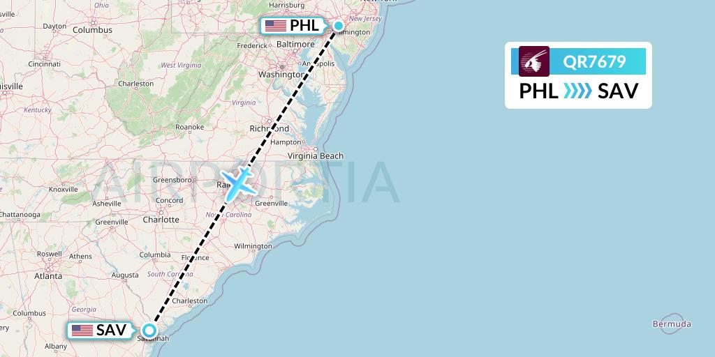 QR7679 Qatar Airways Flight Map: Philadelphia to Savannah