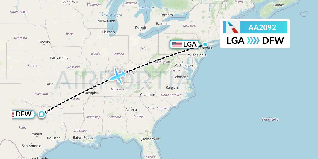 AA2092 American Airlines Flight Map: New York to Dallas