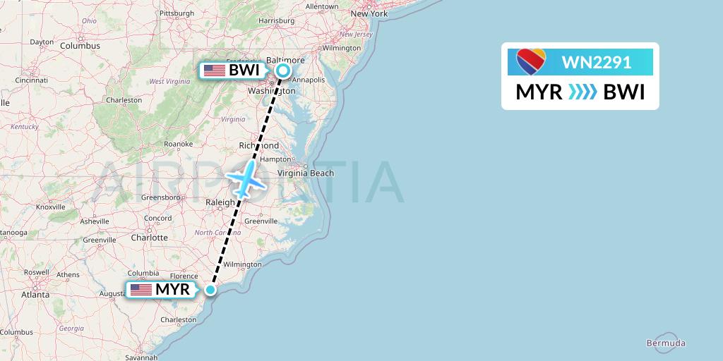 WN2291 Southwest Airlines Flight Map: Myrtle Beach to Baltimore