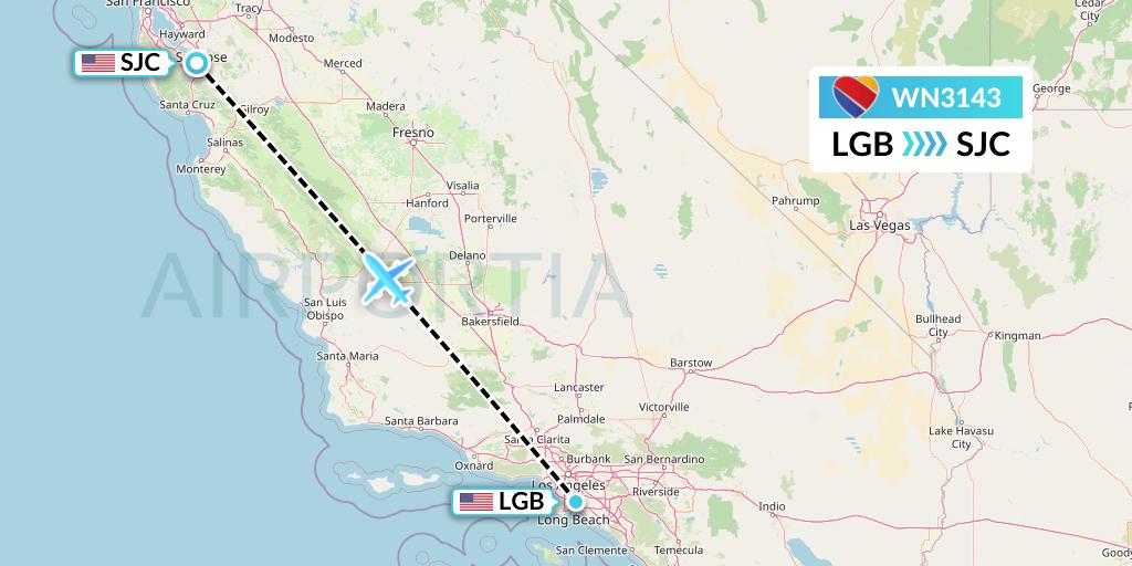 WN3143 Southwest Airlines Flight Map: Long Beach to San Jose