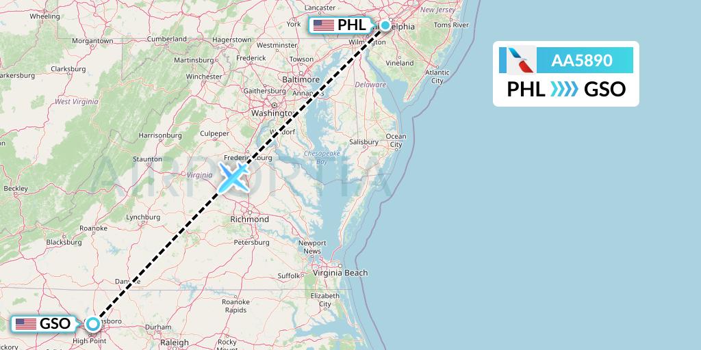 AA5890 American Airlines Flight Map: Philadelphia to Greensboro