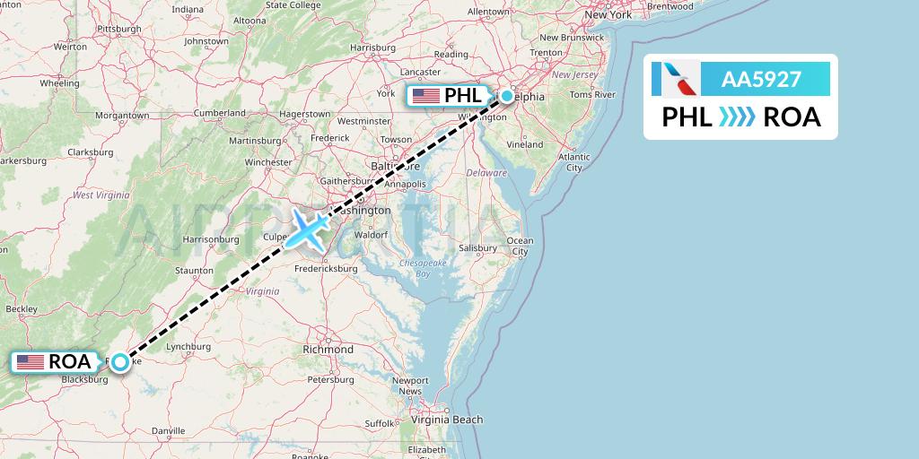 AA5927 American Airlines Flight Map: Philadelphia to Roanoke