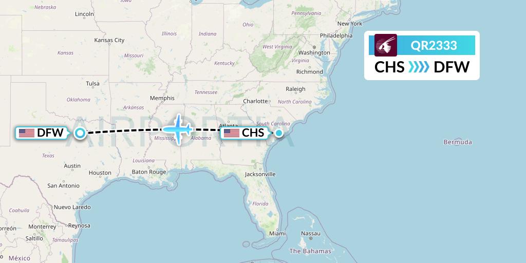 QR2333 Qatar Airways Flight Map: Charleston to Dallas
