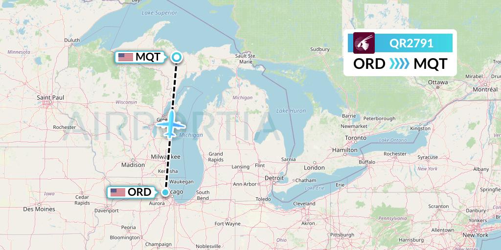 QR2791 Qatar Airways Flight Map: Chicago to Marquette