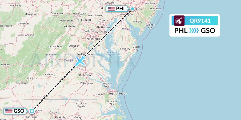 QR9141 Qatar Airways Flight Map: Philadelphia to Greensboro