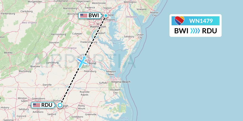 WN1479 Southwest Airlines Flight Map: Baltimore to Raleigh-Durham