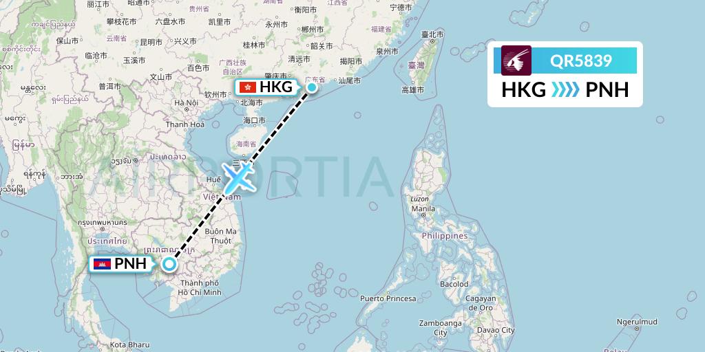 QR5839 Qatar Airways Flight Map: Hong Kong to Phnom Penh