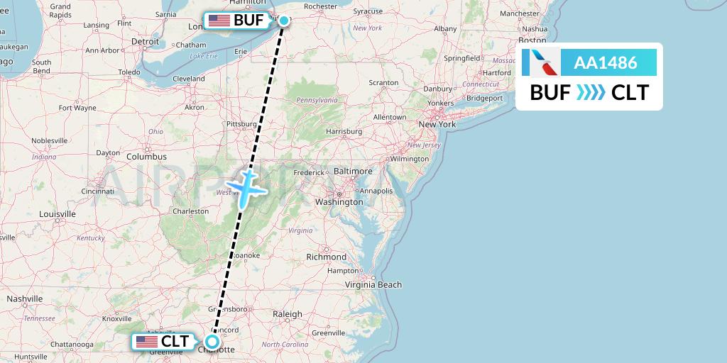 AA1486 American Airlines Flight Map: Buffalo to Charlotte