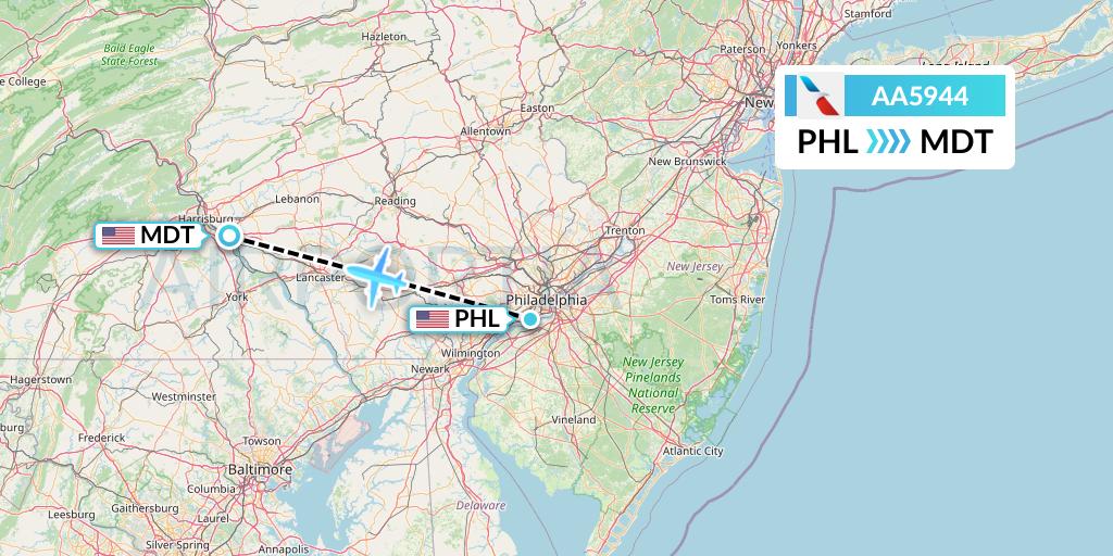 AA5944 American Airlines Flight Map: Philadelphia to Harrisburg