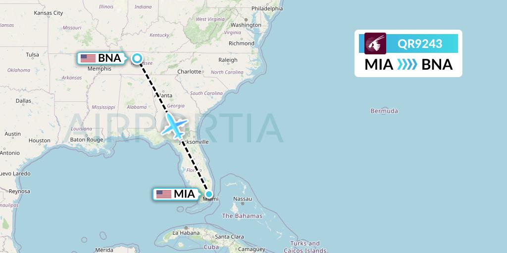 QR9243 Qatar Airways Flight Map: Miami to Nashville