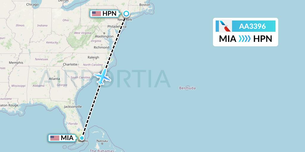 AA3396 American Airlines Flight Map: Miami to White Plains