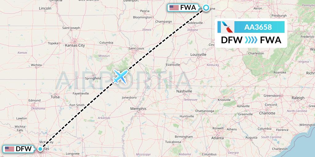 AA3658 American Airlines Flight Map: Dallas to Fort Wayne