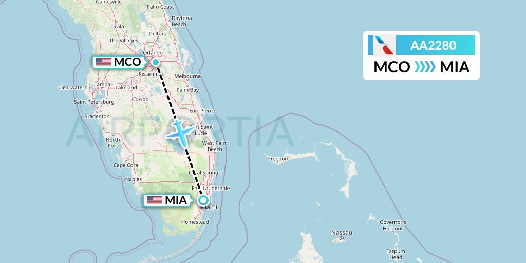 AA2280 American Airlines Flight Map: Orlando to Miami
