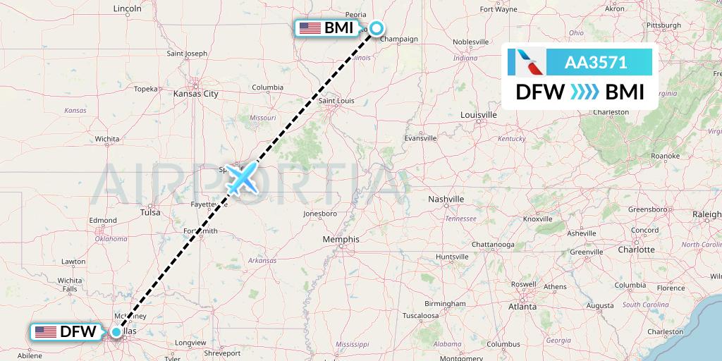 AA3571 American Airlines Flight Map: Dallas to Bloomington
