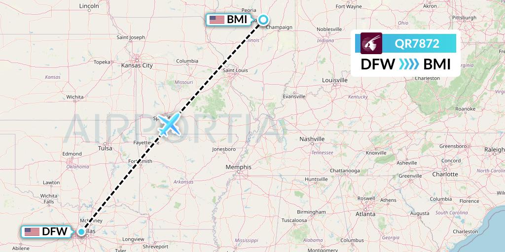 QR7872 Qatar Airways Flight Map: Dallas to Bloomington