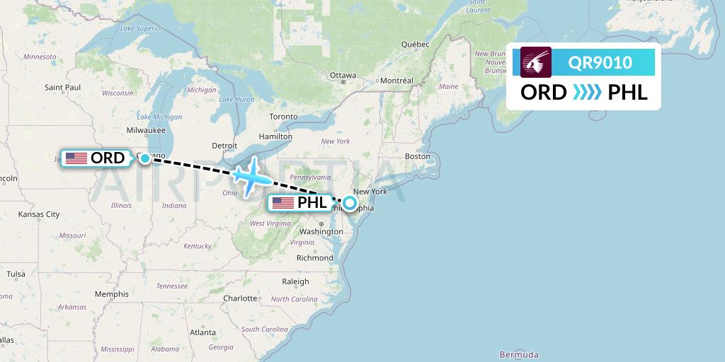 QR9010 Qatar Airways Flight Map: Chicago to Philadelphia