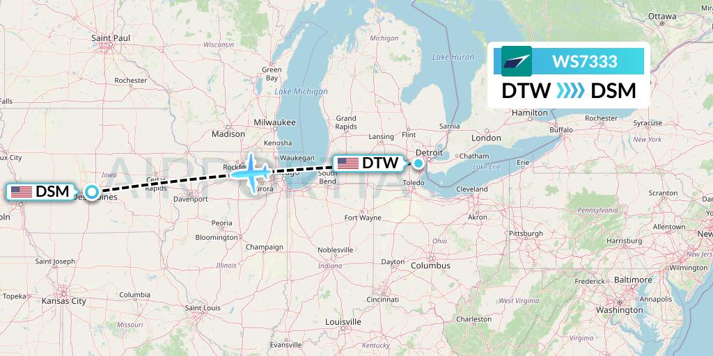 WS7333 WestJet Flight Map: Detroit to Des Moines
