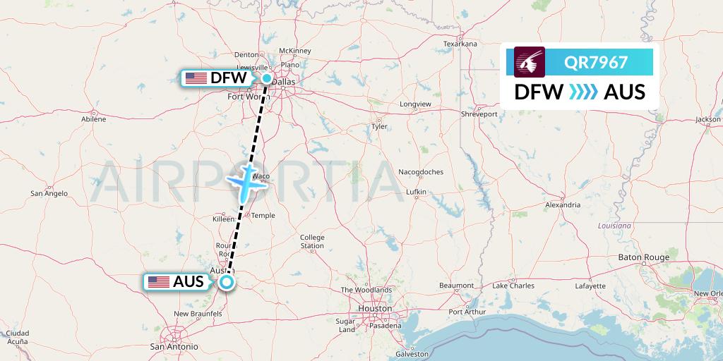 QR7967 Qatar Airways Flight Map: Dallas to Austin