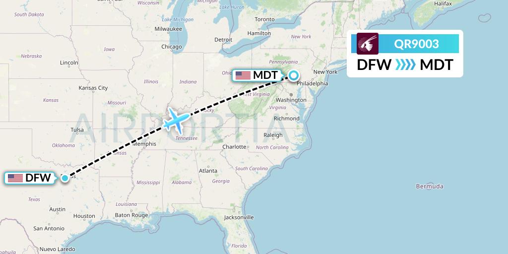 QR9003 Qatar Airways Flight Map: Dallas to Harrisburg