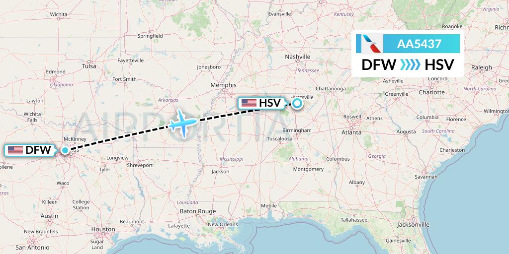 AA5437 American Airlines Flight Map: Dallas to Huntsville