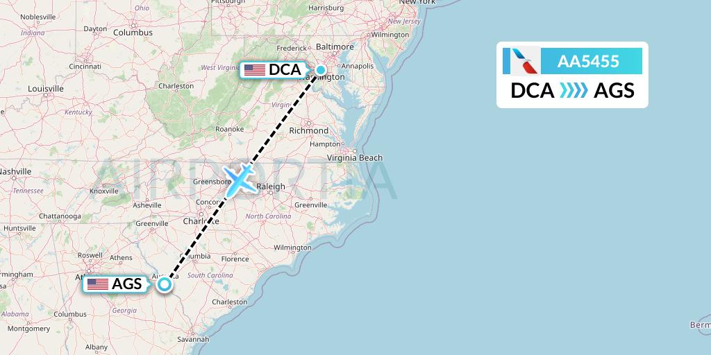 AA5455 American Airlines Flight Map: Washington to Augusta