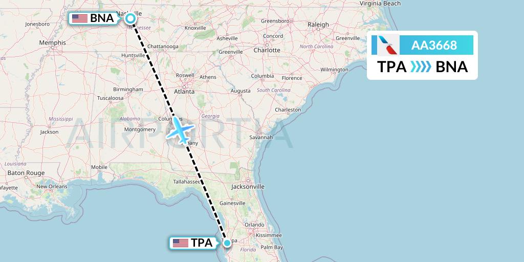 AA3668 American Airlines Flight Map: Tampa to Nashville