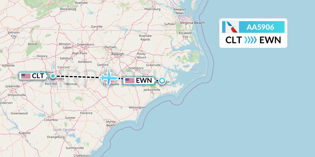 AA5906 American Airlines Flight Map: Charlotte to New Bern