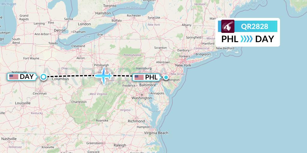 QR2828 Qatar Airways Flight Map: Philadelphia to Dayton