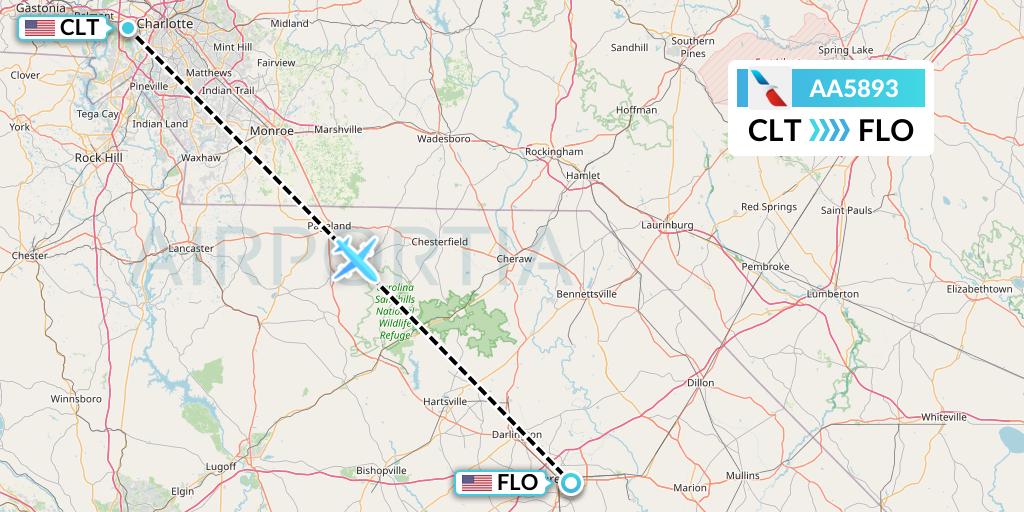 AA5893 American Airlines Flight Map: Charlotte to Florence