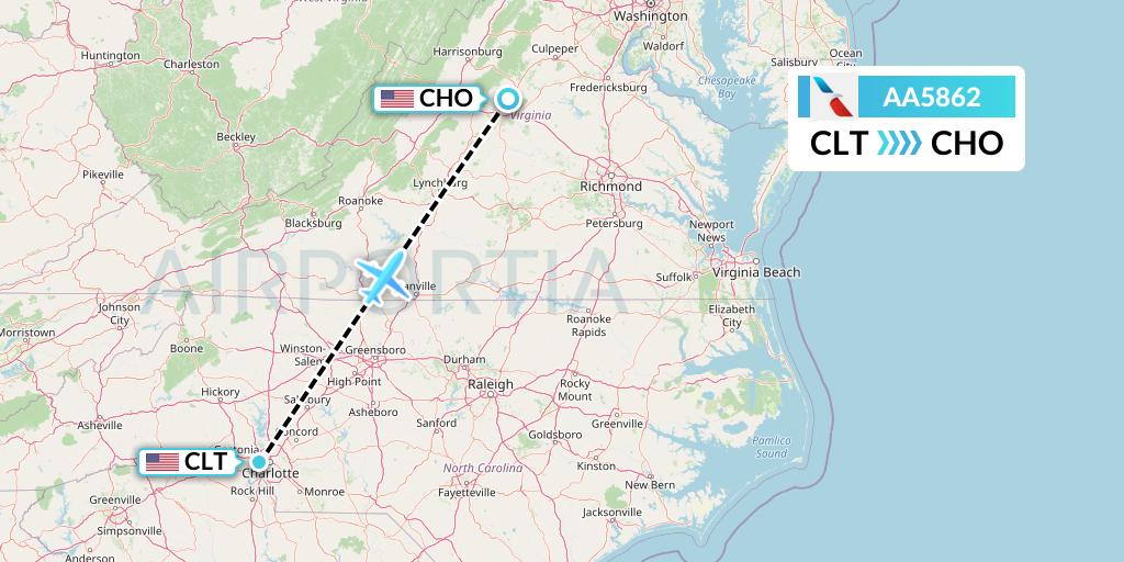 AA5862 American Airlines Flight Map: Charlotte to Charlottesville