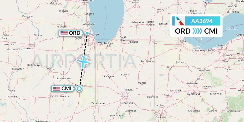 AA3694 American Airlines Flight Map: Chicago to Champaign