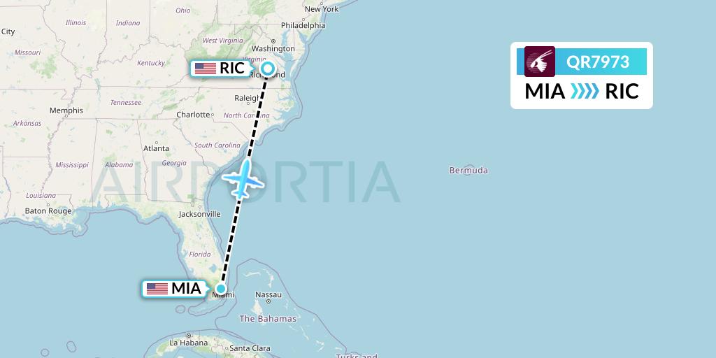 QR7973 Qatar Airways Flight Map: Miami to Richmond