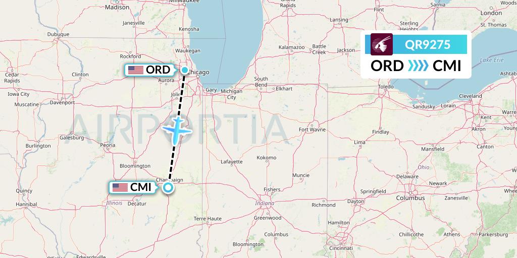 QR9275 Qatar Airways Flight Map: Chicago to Champaign