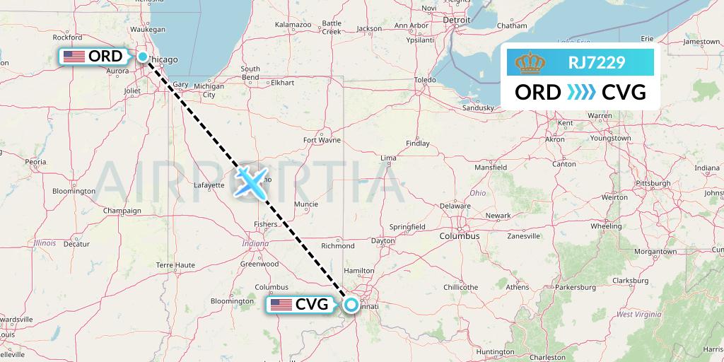 RJ7229 Royal Jordanian Flight Map: Chicago to Cincinnati